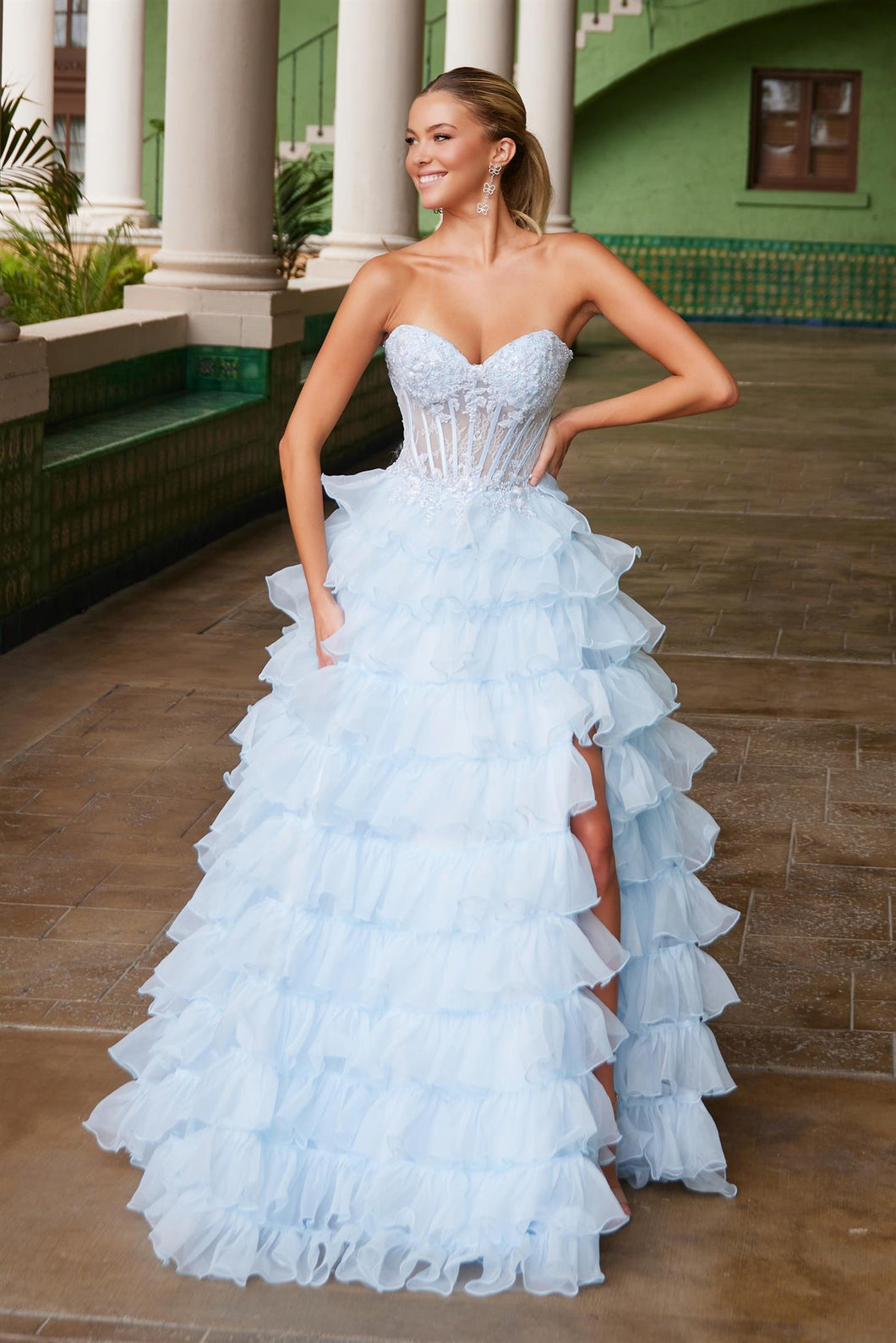 N R1688 - Ruffle Layered Ball Gown with Sheer Beaded Lace Appliqued Bodice Leg Slit & Open Lace Up Back N R1688 - Ruffle Layered Ball Gown with Sheer Beaded Lace Appliqued Bodice Leg Slit & Open Lace Up Back