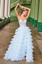 N R1688 - Ruffle Layered Ball Gown with Sheer Beaded Lace Appliqued Bodice Leg Slit & Open Lace Up Back PROM GOWN Nox 00 Baby Blue