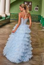 N R1688 - Ruffle Layered Ball Gown with Sheer Beaded Lace Appliqued Bodice Leg Slit & Open Lace Up Back PROM GOWN Nox