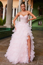 N R1688 - Ruffle Layered Ball Gown with Sheer Beaded Lace Appliqued Bodice Leg Slit & Open Lace Up Back PROM GOWN Nox 00 Pink