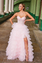 N R1688 - Ruffle Layered Ball Gown with Sheer Beaded Lace Appliqued Bodice Leg Slit & Open Lace Up Back PROM GOWN Nox