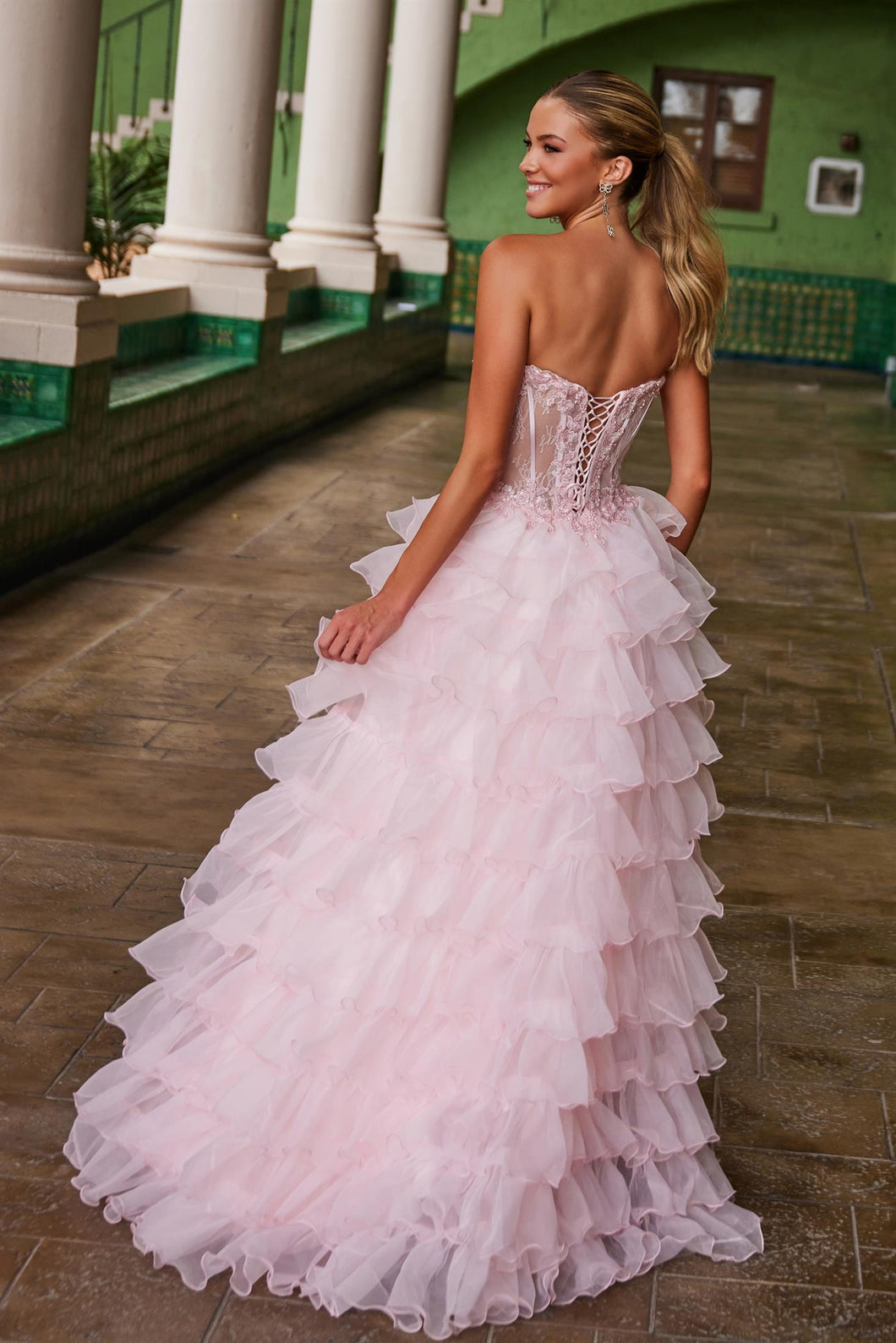N R1688 - Ruffle Layered Ball Gown with Sheer Beaded Lace Appliqued Bodice Leg Slit & Open Lace Up Back N R1688 - Ruffle Layered Ball Gown with Sheer Beaded Lace Appliqued Bodice Leg Slit & Open Lace Up Back