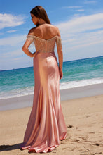 N F1568 - Stretch Satin Fit & Flare Prom Gown with Sheer Beaded Bodice & Sequin Fringed Off the Shoulder Straps PROM GOWN Nox