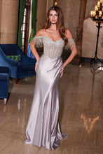 N F1568 - Stretch Satin Fit & Flare Prom Gown with Sheer Beaded Bodice & Sequin Fringed Off the Shoulder Straps PROM GOWN Nox Silver 00