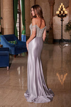 N F1568 - Stretch Satin Fit & Flare Prom Gown with Sheer Beaded Bodice & Sequin Fringed Off the Shoulder Straps PROM GOWN Nox