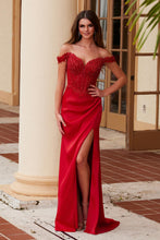 N F1572 - Off the Shoulder Stretch Satin Fit & Flare Prom Gown with Sheer Beaded Bodice & Leg Slit PROM GOWN Nox Red 0