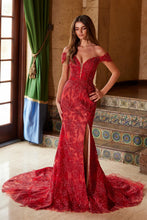 N C1600 - Off-the-Shoulder Beaded Applique Fit & Flare Prom Gown with Plunging V-Neck Open Lace-Up Back & Leg Slit PROM GOWN Nox Red 0