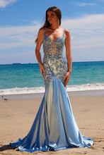 N E1532 - Sequin Embroidered Stretch Satin Mermaid Prom Gown with Sheer V-Neck Bodice & Scoop Back PROM GOWN Nox 00 Dusty Blue