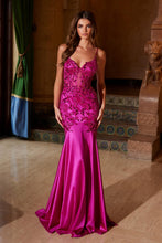 N E1532 - Sequin Embroidered Stretch Satin Mermaid Prom Gown with Sheer V-Neck Bodice & Scoop Back PROM GOWN Nox 00 Fuchsia