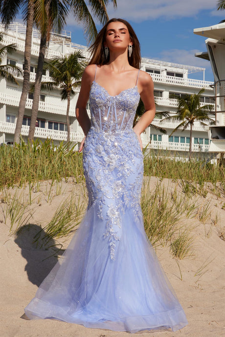 N Q1541 - Embroidered Sequin Mermaid Prom Gown with Sheer Boned Bodice & Open Lace Up Back PROM GOWN Nox 00 Powder Blue