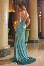 N A1585 - Stretch Satin Fit & Flare Prom Gown with Applique Detailed Corset Bodice Lace Up Open Back & Leg Slit PROM GOWN Nox