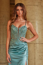 N A1585 - Stretch Satin Fit & Flare Prom Gown with Applique Detailed Corset Bodice Lace Up Open Back & Leg Slit PROM GOWN Nox