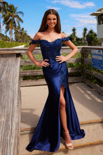 N C1647 - Off the Shoulder Stretch Satin Fit & Flare Prom Gown with Sheer Beaded Lace Embroidered Bodice & Leg Slit PROM GOWN Nox 00 Navy