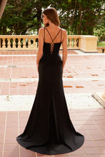 N Y1550 - Stretch Jersey Fit & Flare Prom Gown with Sheer Beaded Lace Embellished Bodice Leg Slit & Open Lace Up Back