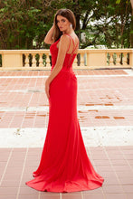 N Y1550 - Stretch Jersey Fit & Flare Prom Gown with Sheer Beaded Lace Embellished Bodice Leg Slit & Open Lace Up Back