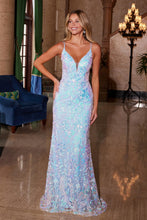 N A1587 - Iridescent Patterned Sequin Fit & Flare Prom Gown with Plunging V-Neck Sheer Under Arms & Lace-Up Back PROM GOWN Nox Blue 00