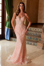 N C1599 - Bead & Pearl Embellished Fit & Flare Prom Gown with Plunging V-Neck & Open Lace Up Back PROM GOWN Nox 00 Blush