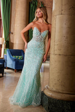 N C1599 - Bead & Pearl Embellished Fit & Flare Prom Gown with Plunging V-Neck & Open Lace Up Back PROM GOWN Nox 00 Mint Green