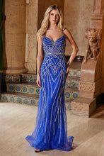 N C1607 - In-Line Beaded Fit & Flare Prom Gown with Sheer Bodice & Open Lace Up Back PROM GOWN Nox 00 Royal Blue