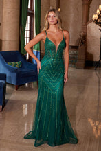 N C1632 - In-Line Beaded Fit & Flare Prom Gown with Plunging V-Neck & Open Lace Up Back PROM GOWN Nox 00 Emerald