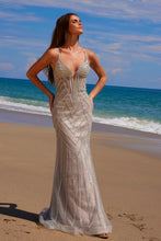 N C1632 - In-Line Beaded Fit & Flare Prom Gown with Plunging V-Neck & Open Lace Up Back PROM GOWN Nox 00 Silver