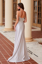 N F1570 - Stretch Satin Fit & Flare Prom Gown with Sheer Beaded Boned Bodice & Leg Slit PROM GOWN Nox