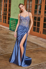 N G1660 - Satin Fit & Flare Prom Gown with Sheer Boned Beaded Applique Bodice & High Slit PROM GOWN Nox