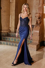 N H1667 - Shimmery Stretch Fit & Flare Prom Gown with Sheer Beaded Appliqued Bodice & Leg Slit PROM GOWN Nox 00 Navy