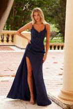 N F1573 - Stretch Satin Fit & Flare Prom Gown with Sheer Sequin Appliqued V-Neck Bodice Leg Slit & Side Sash PROM GOWN Nox Navy 0