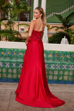 N R1690 - Strapless Stretch Satin Fit & Flare Prom Gown with Sheer Sequin Appliqued Bodice & Leg Slit PROM GOWN Nox