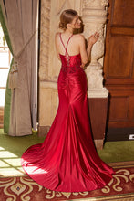 N E1488 - Stretch Satin Fit & Flare Prom Gown with Beaded Applique Bodice Open Lace-Up Back & Leg Slit PROM GOWN Nox