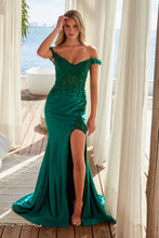 N C1647 - Off the Shoulder Stretch Satin Fit & Flare Prom Gown with Sheer Beaded Lace Embroidered Bodice & Leg Slit PROM GOWN Nox 00 Emerald