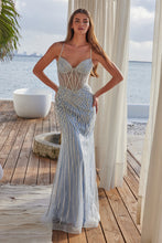 N A1586 - In-Line Beaded Fit & Flare Prom Gown with Sheer Boned Sweet Heart Cut Bodice & Lace-Up Back PROM GOWN Nox Blue 00