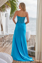 N R1690 - Strapless Stretch Satin Fit & Flare Prom Gown with Sheer Sequin Appliqued Bodice & Leg Slit PROM GOWN Nox