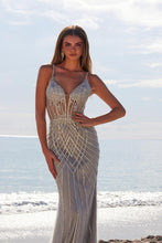 N R1715 - In-Line Sequin Fit & Flare Prom Gown with Sheer Beaded Lace Appliqued Bodice & Open Lace Up Back PROM GOWN Nox