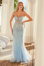 N A1713 - In-Line Beaded Fit & Flare Prom Gown with Sheer Cut Out Detailed Bodice PROM GOWN Nox 00 Blue