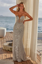 N R1695 - Strapless All Sequin Patterned Fit & Flare Prom Gown with Sheer Boned Bodice PROM GOWN Nox Silver 00