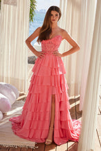 N Y1551 - Strapless Layered Ruffle Chiffon A-Line Prom Gown with Sheer Beaded 3D Floral Bodice & Open Lace Up Back PROM GOWN Nox Candy Pink 0