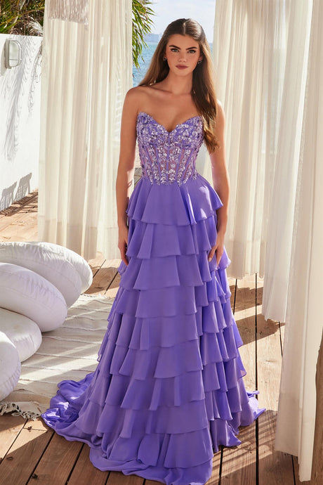 N Y1551 - Strapless Layered Ruffle Chiffon A-Line Prom Gown with Sheer Beaded 3D Floral Bodice & Open Lace Up Back PROM GOWN Nox Lavender 00