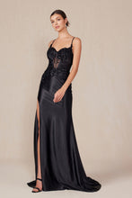 N E1488 - Stretch Satin Fit & Flare Prom Gown with Beaded Applique Bodice Open Lace-Up Back & Leg Slit PROM GOWN Nox