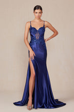 N E1488 - Stretch Satin Fit & Flare Prom Gown with Beaded Applique Bodice Open Lace-Up Back & Leg Slit PROM GOWN Nox