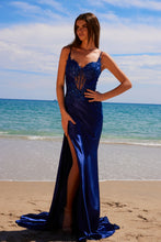 N E1488 - Stretch Satin Fit & Flare Prom Gown with Beaded Applique Bodice Open Lace-Up Back & Leg Slit PROM GOWN Nox Navy 00