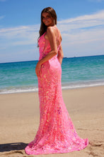 N A1587 - Iridescent Patterned Sequin Fit & Flare Prom Gown with Plunging V-Neck Sheer Under Arms & Lace-Up Back PROM GOWN Nox