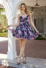 N M992 - Short Strapless Floral Printed A-Line Homecoming Dress with V-Neck Bodice & Tiered Ruffle Skirt HOMECOMING Nox