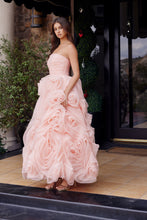 N JQ1037 - Strapless Rosette Open Lace Up Back Tea Length Wedding Gown in Blush Wedding Gown Nox