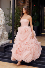 N JQ1037 - Strapless Rosette Open Lace Up Back Tea Length Wedding Gown in Blush Wedding Gown Nox