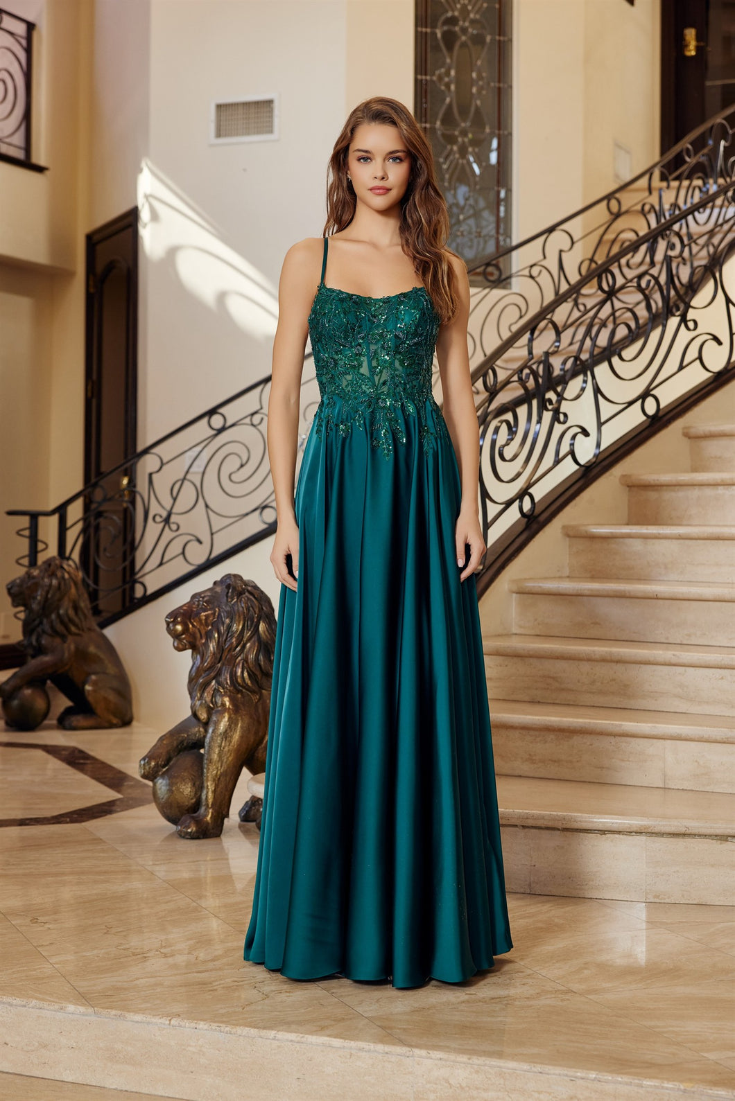 N A1725 - Sheer Appliqued Bodice with Lace Up Back & Satin A-Line Prom Gown Prom Dress Nox 00 Emerald