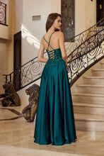 N A1725 - Satin A-Line Prom Gown with Sheer Sequin Embellished Bodice & Open Lace Up Back Prom Gown Nox