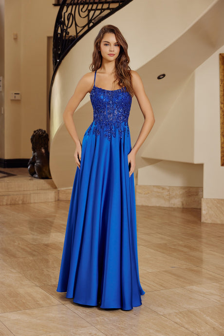 N A1725 - Sheer Appliqued Bodice with Lace Up Back & Satin A-Line Prom Gown Prom Dress Nox 00 Royal Blue
