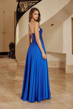 N A1725 - Satin A-Line Prom Gown with Sheer Sequin Embellished Bodice & Open Lace Up Back Prom Gown Nox